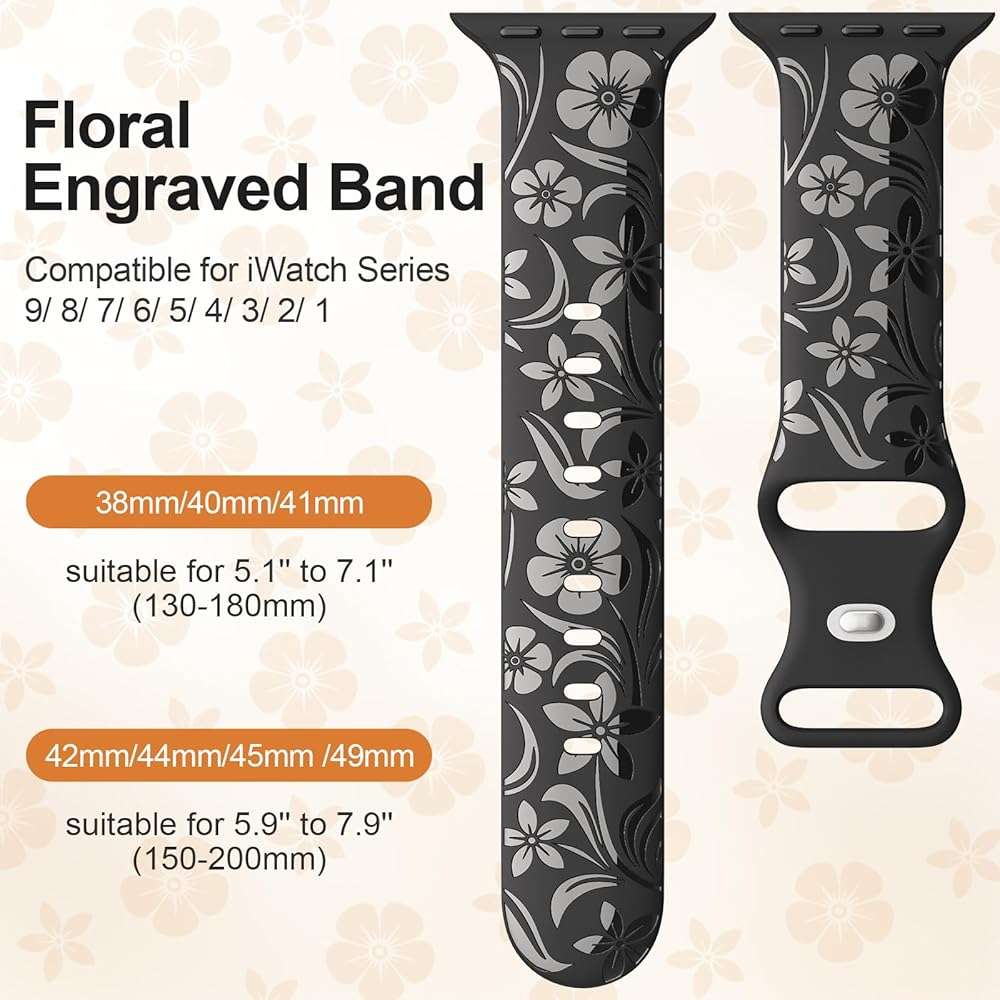 Floral Engraved Band Compatible with Apple Watch Band 38mm 40mm 41mm 42mm 44mm 45mm 46mm 49mm, Designer Silicone Glossy Wildflower Strap for iWatch Band Series Ultra 11 10 9 8 7 6 SE 5 4 3 - Image 2