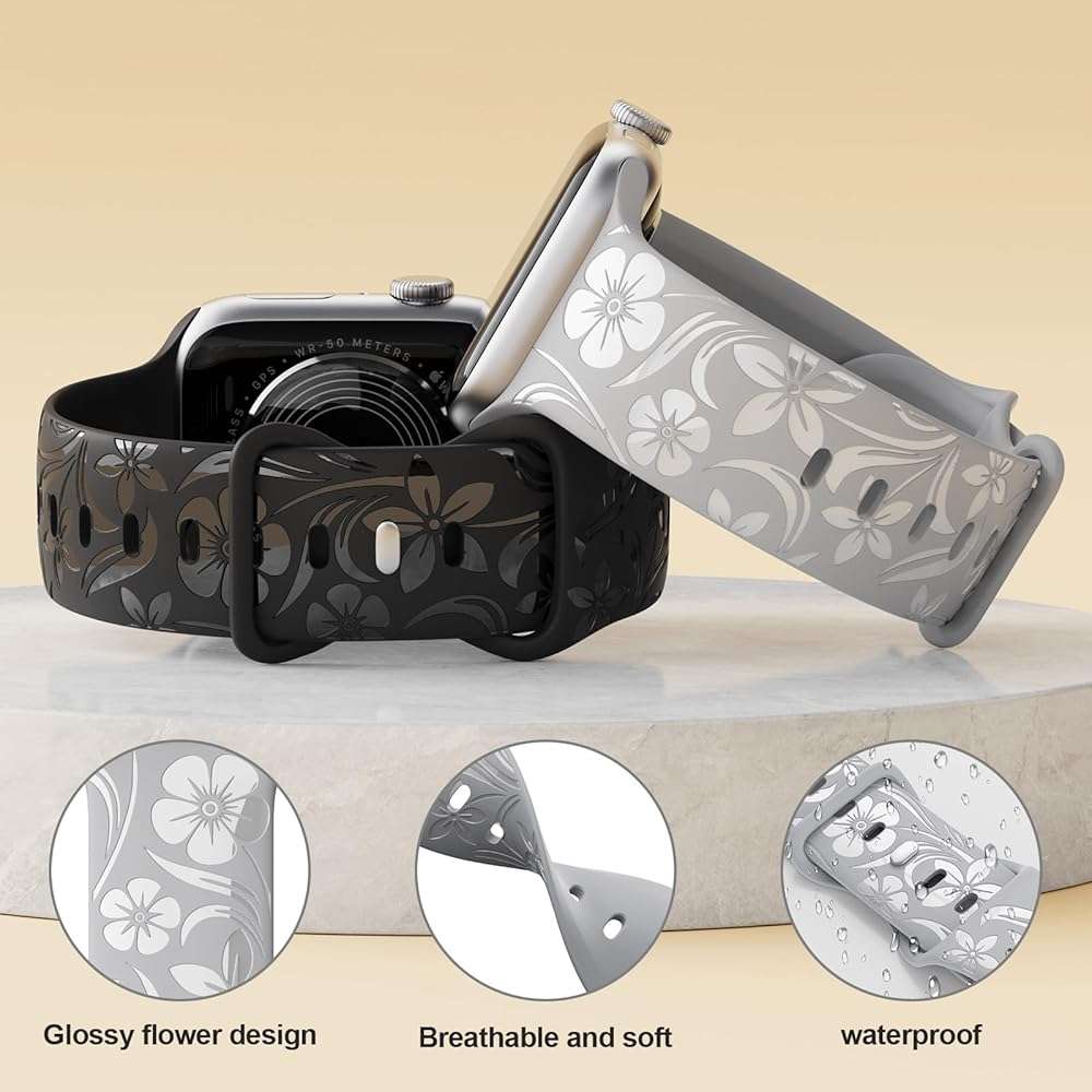 Floral Engraved Band Compatible with Apple Watch Band 38mm 40mm 41mm 42mm 44mm 45mm 46mm 49mm, Designer Silicone Glossy Wildflower Strap for iWatch Band Series Ultra 11 10 9 8 7 6 SE 5 4 3 - Image 3