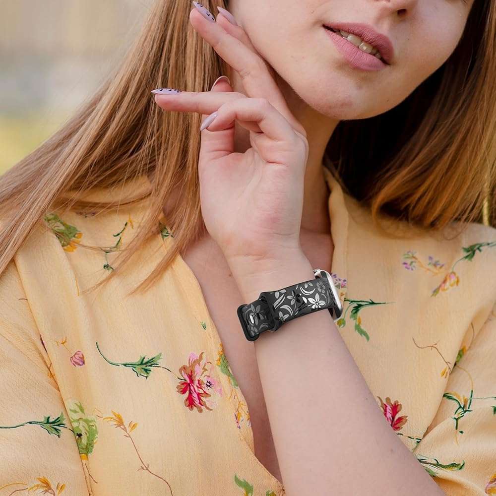 Floral Engraved Band Compatible with Apple Watch Band 38mm 40mm 41mm 42mm 44mm 45mm 46mm 49mm, Designer Silicone Glossy Wildflower Strap for iWatch Band Series Ultra 11 10 9 8 7 6 SE 5 4 3 - Image 4