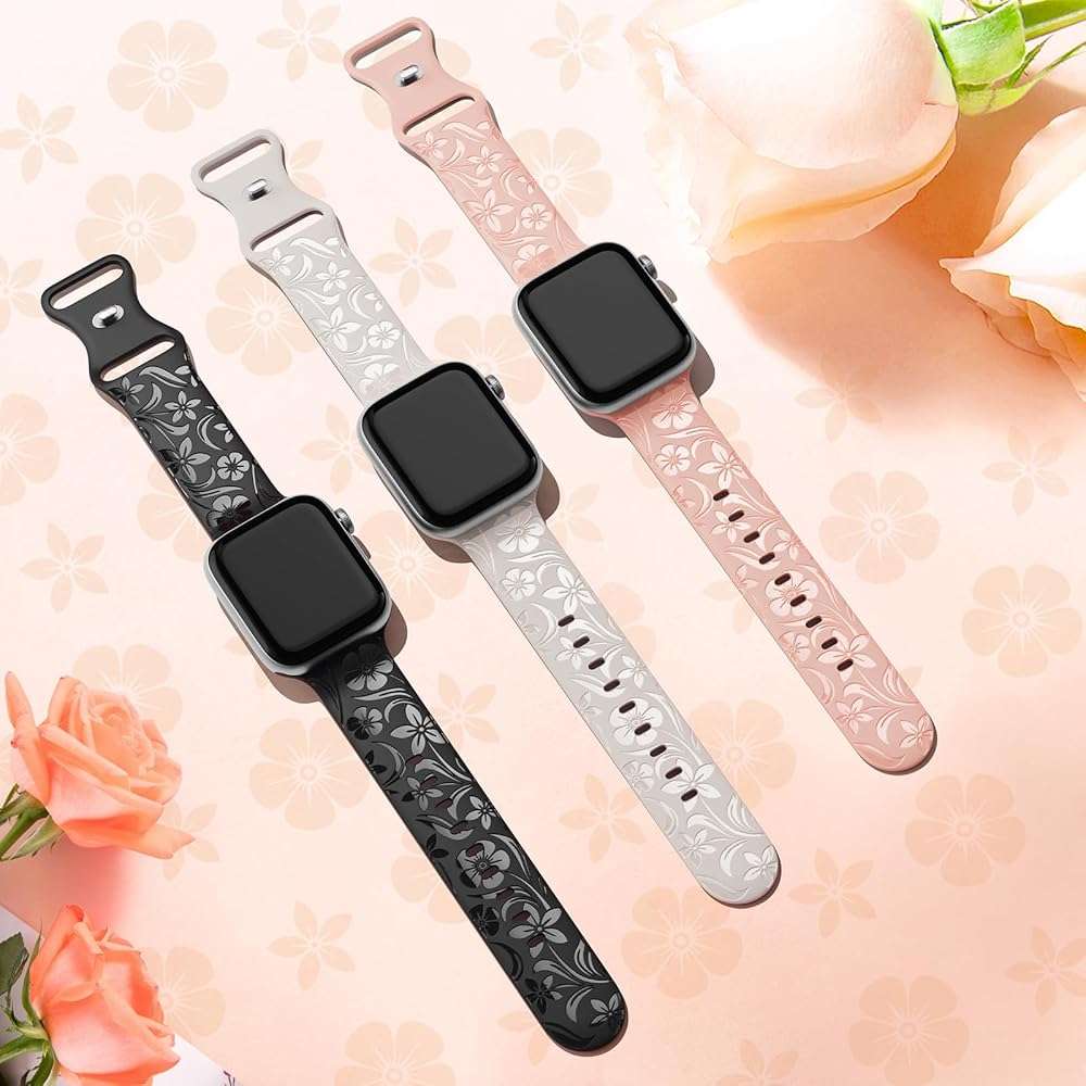 Floral Engraved Band Compatible with Apple Watch Band 38mm 40mm 41mm 42mm 44mm 45mm 46mm 49mm, Designer Silicone Glossy Wildflower Strap for iWatch Band Series Ultra 11 10 9 8 7 6 SE 5 4 3 - Image 6