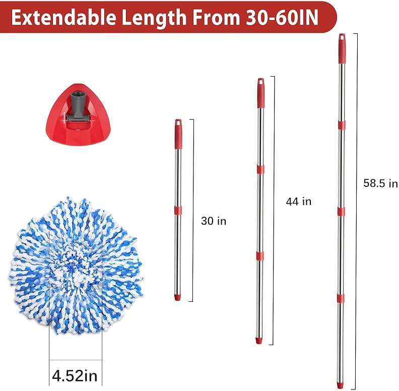 Hibaby Spin Mop Set Compatible with O Cedar Rinse Clean 2-Tank System, Include 2 Blue Mop Heads Replacements, 1 Base, 1 Mop Handle (30-58in) Combo, Microfiber Spin Mop Replacement Head Replacement - Image 3