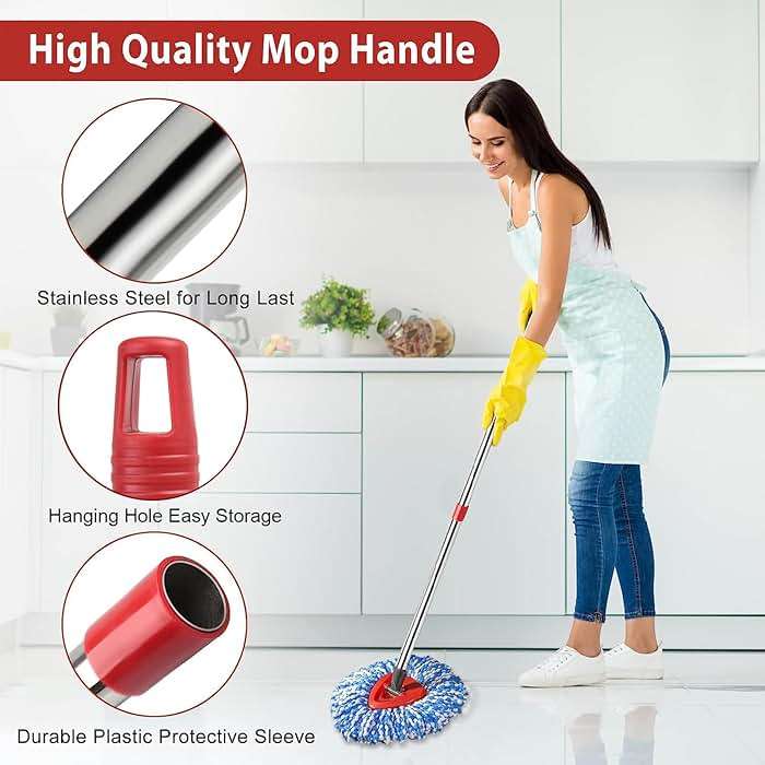 Hibaby Spin Mop Set Compatible with O Cedar Rinse Clean 2-Tank System, Include 2 Blue Mop Heads Replacements, 1 Base, 1 Mop Handle (30-58in) Combo, Microfiber Spin Mop Replacement Head Replacement - Image 4