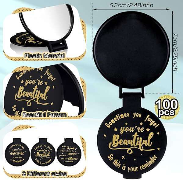 Wenqik 100 Pcs Inspirational Mini Compact Mirrors Bulk, Women Small Gifts Bulk, Group Team Party Favors, Mini Pocket Purse Mirror for Travel, Client, Guest, Wedding, Birthday, Cheerleader (Black) - Image 2