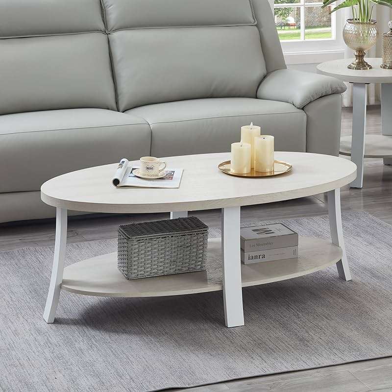 Roundhill Furniture Anze Contemporary Oval Wood Shelf Coffee Table in White Finish - Image 1