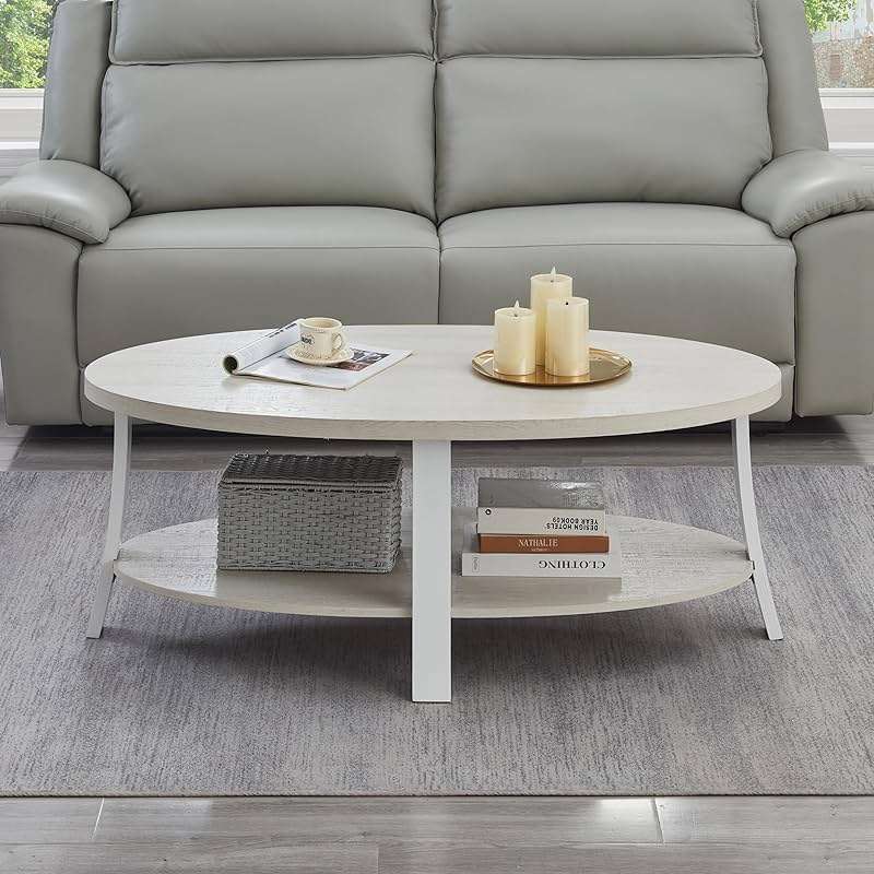 Roundhill Furniture Anze Contemporary Oval Wood Shelf Coffee Table in White Finish - Image 2
