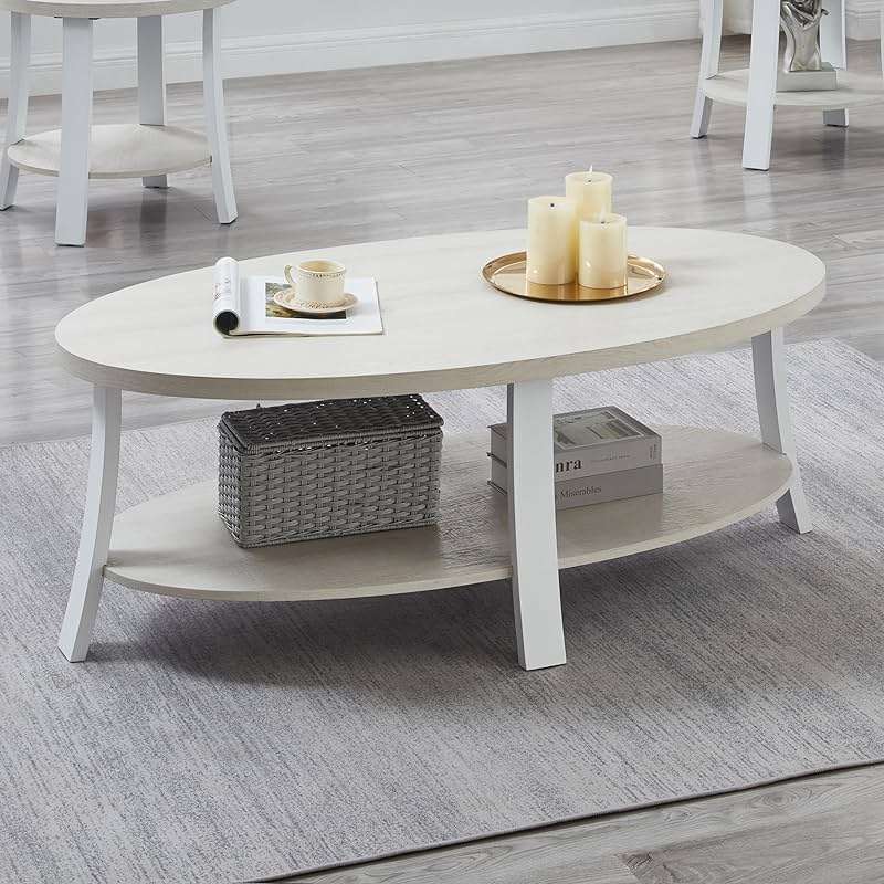 Roundhill Furniture Anze Contemporary Oval Wood Shelf Coffee Table in White Finish - Image 4