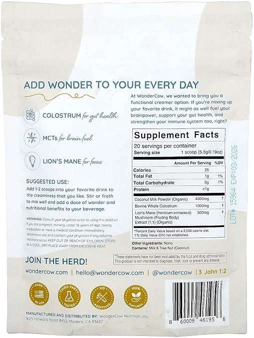 WONDERCOW Bovine Colostrum Superfood Creamer Supplement Powder w/Organic Lions Mane Mushroom & Coconut Milk Powder MCTs | Functional Sugar Free Keto Coffee, Smoothie & Drink Mix Unsweetened - Image 9