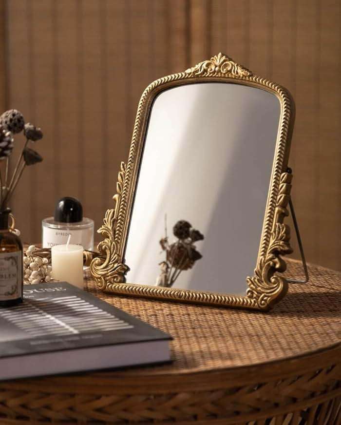 Small Vintage Vanity Makeup Desk Mirror, Antique Traditional Arch Table Mirror in Gold, Decorative Wood Carved Mirror for Living Room Bedroom Tabletop 11.8" x 9.6" - Image 2