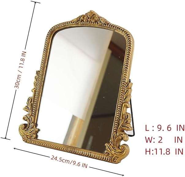 Small Vintage Vanity Makeup Desk Mirror, Antique Traditional Arch Table Mirror in Gold, Decorative Wood Carved Mirror for Living Room Bedroom Tabletop 11.8" x 9.6" - Image 3