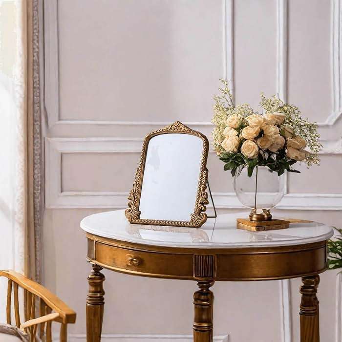 Small Vintage Vanity Makeup Desk Mirror, Antique Traditional Arch Table Mirror in Gold, Decorative Wood Carved Mirror for Living Room Bedroom Tabletop 11.8" x 9.6" - Image 4