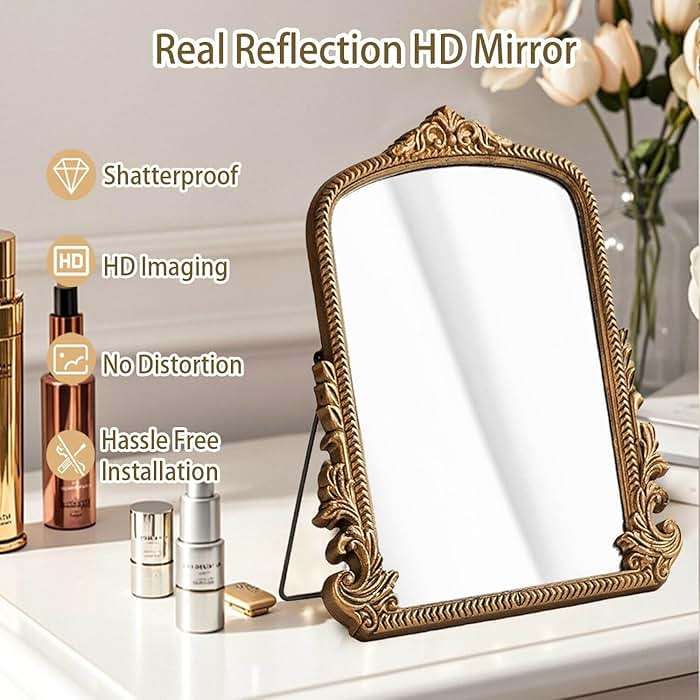 Small Vintage Vanity Makeup Desk Mirror, Antique Traditional Arch Table Mirror in Gold, Decorative Wood Carved Mirror for Living Room Bedroom Tabletop 11.8" x 9.6" - Image 5