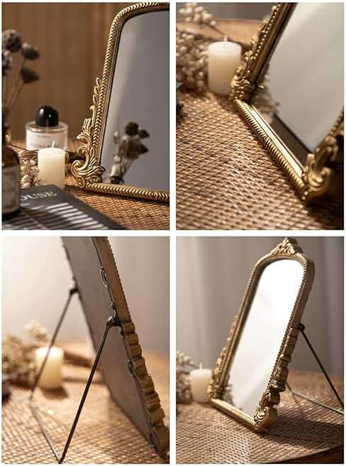 Small Vintage Vanity Makeup Desk Mirror, Antique Traditional Arch Table Mirror in Gold, Decorative Wood Carved Mirror for Living Room Bedroom Tabletop 11.8" x 9.6" - Image 6