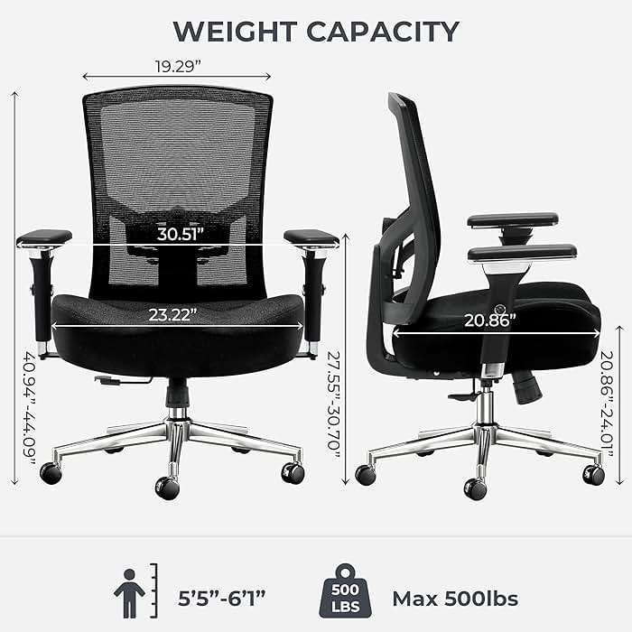 Big and Tall Office Chair 500lbs, Ergonomic Oversize Mesh Desk Chair, Heavy Duty High Back Computer Chair with Wide Thick Seat Cushion, Adjustable Lumbar Support, 4D Armrests - Image 3