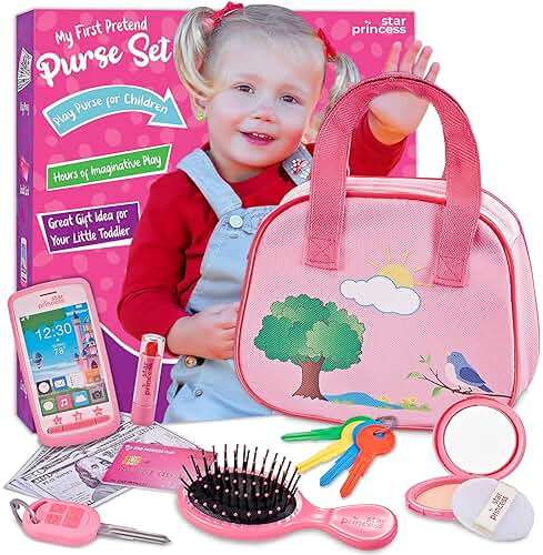 Toddler Play Purse for Kids with Accessories, Toys for Girls with Pretend Makeup, Keys, Smartphone, Dress Up Toy Purse for Toddlers and Kids - Birthday Gift for Little Toddler Girls Ages 3 4 5 6, Pink - Image 6