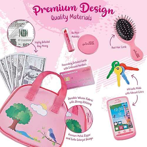 Toddler Play Purse for Kids with Accessories, Toys for Girls with Pretend Makeup, Keys, Smartphone, Dress Up Toy Purse for Toddlers and Kids - Birthday Gift for Little Toddler Girls Ages 3 4 5 6, Pink - Image 7