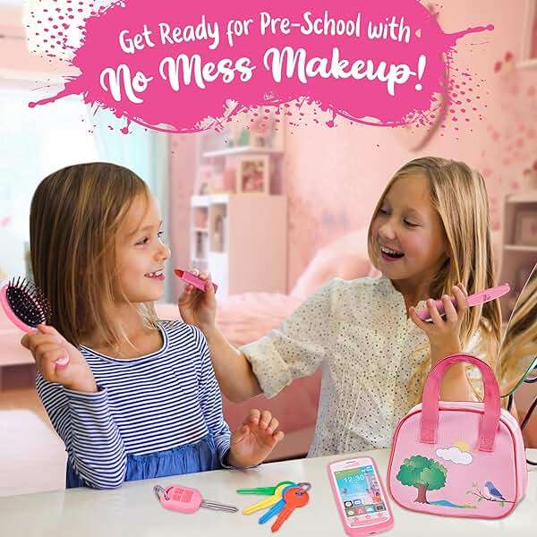 Toddler Play Purse for Kids with Accessories, Toys for Girls with Pretend Makeup, Keys, Smartphone, Dress Up Toy Purse for Toddlers and Kids - Birthday Gift for Little Toddler Girls Ages 3 4 5 6, Pink - Image 9