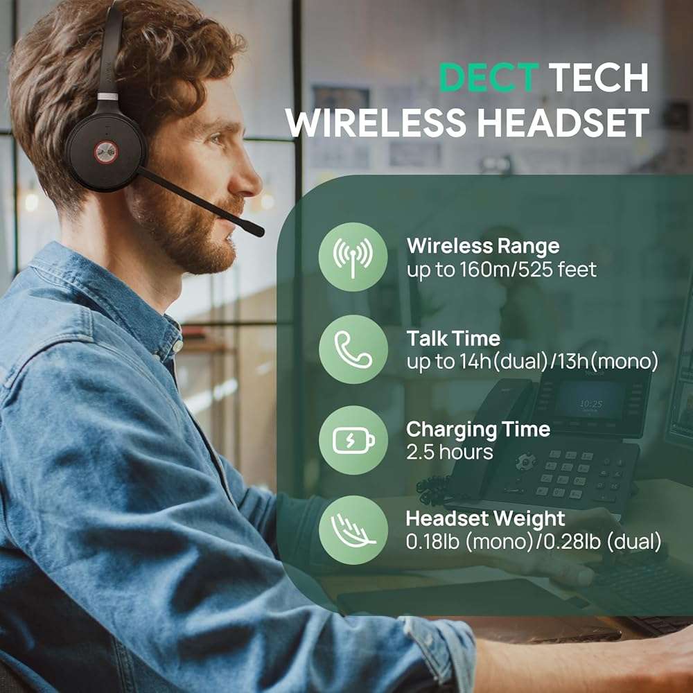 Yealink WH62 Mono UC DECT Wireless Headset 525 ft Range for Zoom Skype Certified Work Headset with 2X Noise Canceling Mic for IP Phone and Computer, Office Single On Ear Headphone,13 Talk Time - Image 2