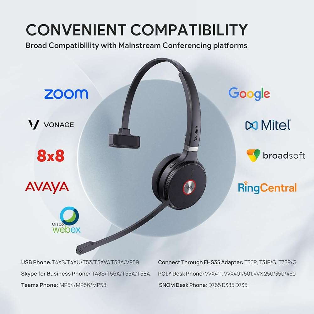 Yealink WH62 Mono UC DECT Wireless Headset 525 ft Range for Zoom Skype Certified Work Headset with 2X Noise Canceling Mic for IP Phone and Computer, Office Single On Ear Headphone,13 Talk Time - Image 6