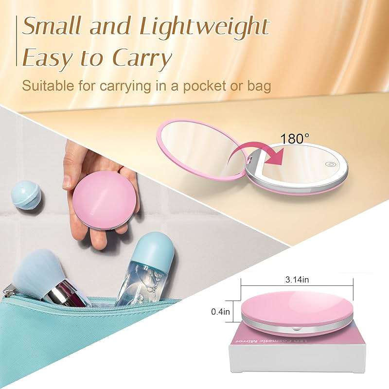 Kakuje Compact Mirror with Light, 1X/3X Magnification LED Pocket Mirror with USB Data Cable,Mini Mirror for Purse, Pocket,Travel and Present (Pink) - Image 2