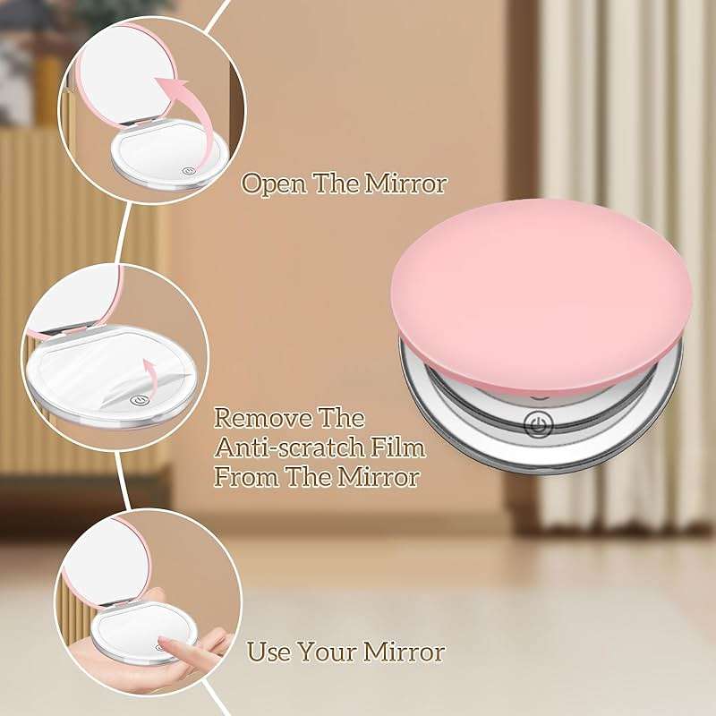 Kakuje Compact Mirror with Light, 1X/3X Magnification LED Pocket Mirror with USB Data Cable,Mini Mirror for Purse, Pocket,Travel and Present (Pink) - Image 3