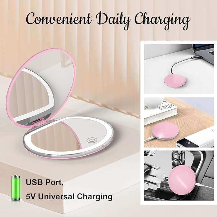 Kakuje Compact Mirror with Light, 1X/3X Magnification LED Pocket Mirror with USB Data Cable,Mini Mirror for Purse, Pocket,Travel and Present (Pink) - Image 8