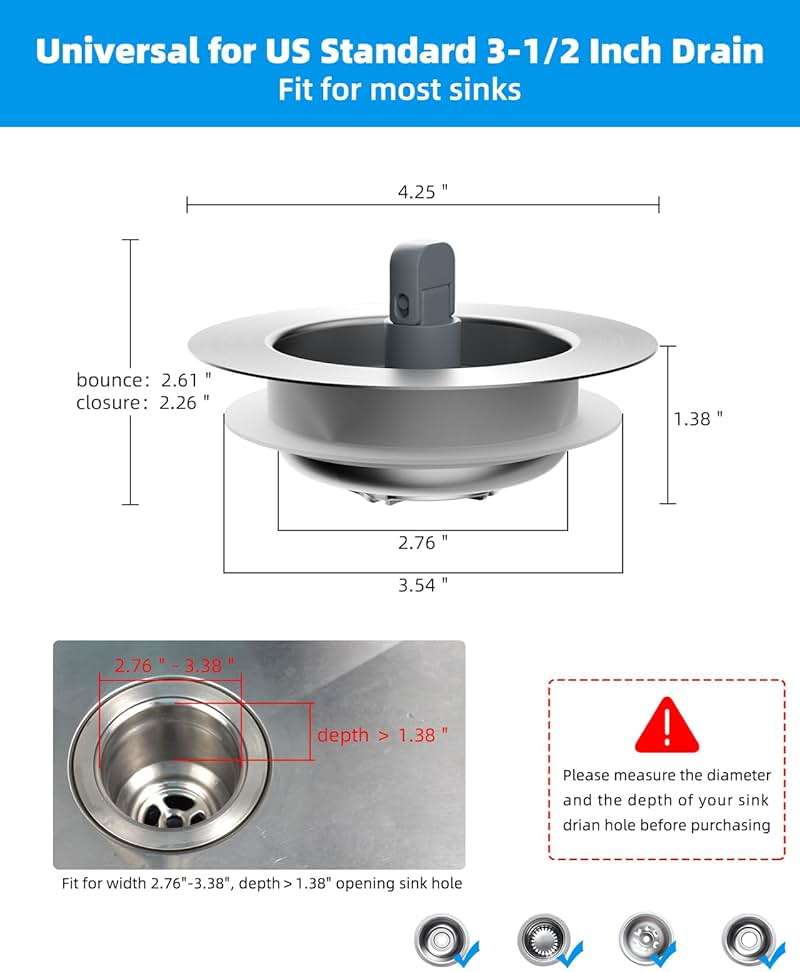 Hibbent Upgraded 3 in 1 Kitchen Sink Drain Strainer and Stopper Combo, Stainless Steel Metal Pop Up Sink Stopper, Anti-Clogging Basket with Foldable Handle for US Standard 3-1/2 Inch Drain - Image 2