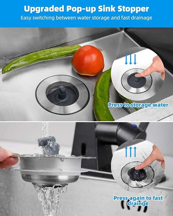 Hibbent Upgraded 3 in 1 Kitchen Sink Drain Strainer and Stopper Combo, Stainless Steel Metal Pop Up Sink Stopper, Anti-Clogging Basket with Foldable Handle for US Standard 3-1/2 Inch Drain - Image 4