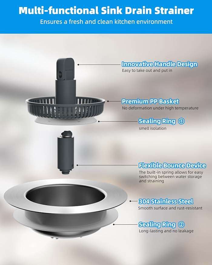 Hibbent Upgraded 3 in 1 Kitchen Sink Drain Strainer and Stopper Combo, Stainless Steel Metal Pop Up Sink Stopper, Anti-Clogging Basket with Foldable Handle for US Standard 3-1/2 Inch Drain - Image 6