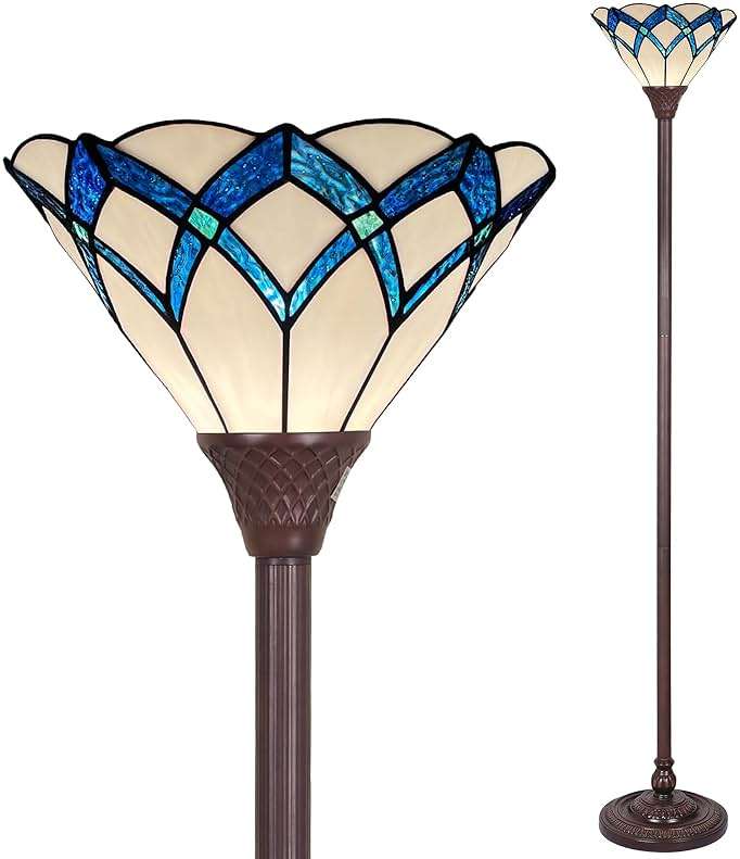 Capulina Tiffany Lamp Stained Glass Torchiere Floor Lamp 70 Inches Tall Cream Blue Romantic Tiffany Style Torch Standing Floor Lamp Decor for Living Room Bedroom Home Office - Image 1