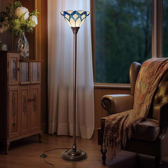Capulina Tiffany Lamp Stained Glass Torchiere Floor Lamp 70 Inches Tall Cream Blue Romantic Tiffany Style Torch Standing Floor Lamp Decor for Living Room Bedroom Home Office - Image 4