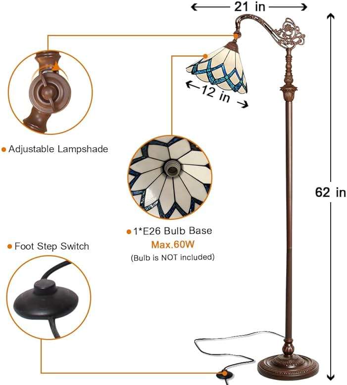 Capulina Tiffany Lamp Stained Glass Floor Lamp 62 Inches Tall Romantic Soft Light Arched Adjustable Angle Tiffany Style Reading Floor Lamp for Living Room Bedroom Home Office - Image 5