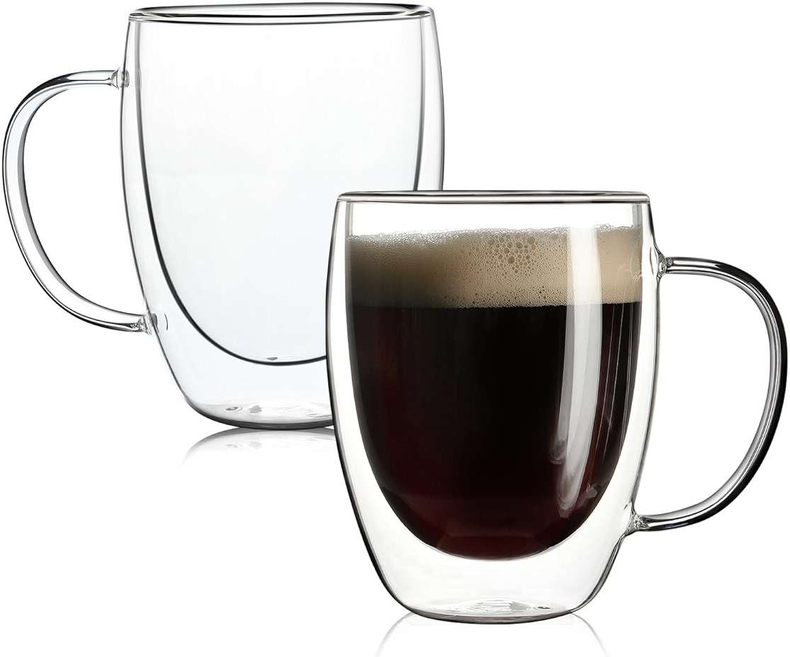 Aurzen 2 Pack Double Walled Glass Coffee Mugs with Handles, Large Insulated Layer Coffee Cups, 12oz Clear Borosilicate Mugs, Perfect for Cappuccino, Tea, Microwave Safe - Image 1