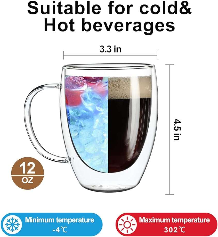 Aurzen 2 Pack Double Walled Glass Coffee Mugs with Handles, Large Insulated Layer Coffee Cups, 12oz Clear Borosilicate Mugs, Perfect for Cappuccino, Tea, Microwave Safe - Image 3