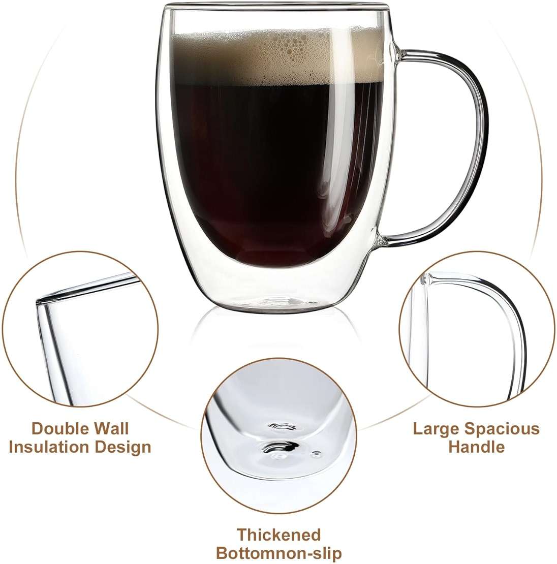 Aurzen 2 Pack Double Walled Glass Coffee Mugs with Handles, Large Insulated Layer Coffee Cups, 12oz Clear Borosilicate Mugs, Perfect for Cappuccino, Tea, Microwave Safe - Image 5