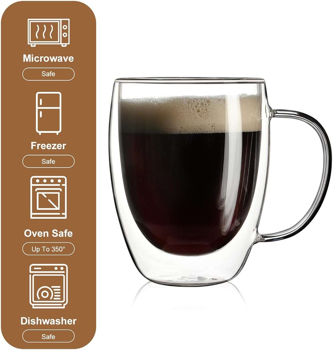 Aurzen 2 Pack Double Walled Glass Coffee Mugs with Handles, Large Insulated Layer Coffee Cups, 12oz Clear Borosilicate Mugs, Perfect for Cappuccino, Tea, Microwave Safe - Image 6