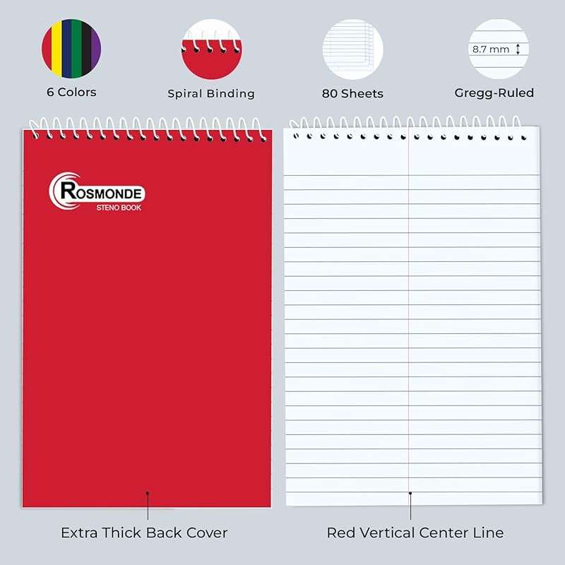 Rosmonde Steno Pads Spiral 6x9 12 Pack, Gregg Ruled Steno Pad, Assorted Colors, 80 Sheets (160 Pages) Long Lasting, Bulk B2B Value Pack, Bulk Steno Notebooks Top Spiral Steno Book for Office & Home - Image 5