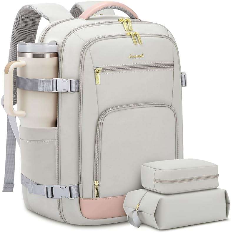 LOVEVOOK Travel Backpack For Women, 40L Carry On Backpack Flight Approved, TSA Personal Item Travel Bag Fits 17 Inch Laptop, Business Weekender Overnight Waterproof Daypack With 2 Cubes, Grey-Pink - Image 1