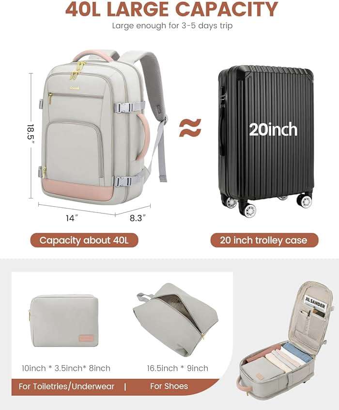 LOVEVOOK Travel Backpack For Women, 40L Carry On Backpack Flight Approved, TSA Personal Item Travel Bag Fits 17 Inch Laptop, Business Weekender Overnight Waterproof Daypack With 2 Cubes, Grey-Pink - Image 3