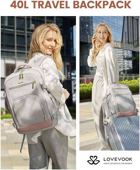 LOVEVOOK Travel Backpack For Women, 40L Carry On Backpack Flight Approved, TSA Personal Item Travel Bag Fits 17 Inch Laptop, Business Weekender Overnight Waterproof Daypack With 2 Cubes, Grey-Pink - Image 10