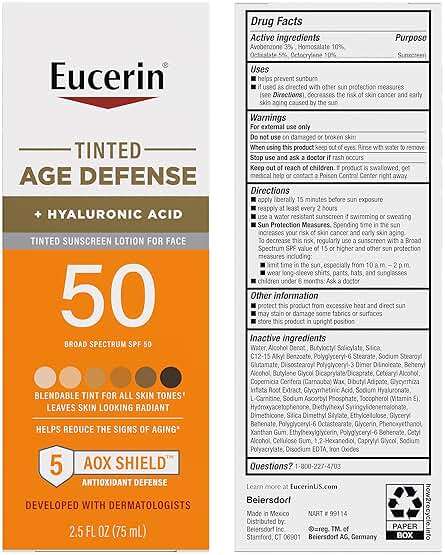 Eucerin Sun Tinted Age Defense Face Sunscreen Lotion SPF 50 with Hyaluronic Acid, Tinted Sunscreen for Face, Blendable Tint for All Skin Tones, Non Comedogenic and Hypoallergenic, 2.5 Fl Oz Bottle - Image 9