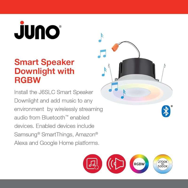 Juno 6 Inch Smart Recessed Light Speaker, Bluetooth, Alexa, Google Home Compatible, RGBW Speaker Downlight, Dynamic Color Red Green Blue White, Matte White (J6SLC RGBW MW M6) - Image 4