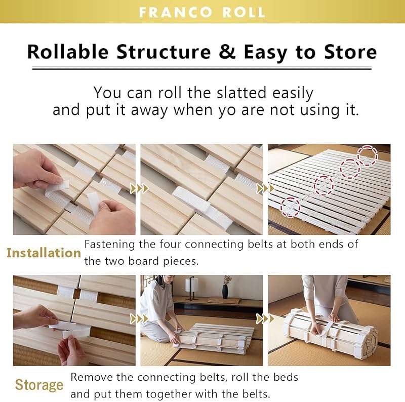 EMOOR Japanese Futon Mattress & Roll-Type Wood Slatted Bed Set CLASSE-Franco-ROLL Queen (Unpainted), Solid Paulownia Sleeping Bed Tatami Mat - Image 4