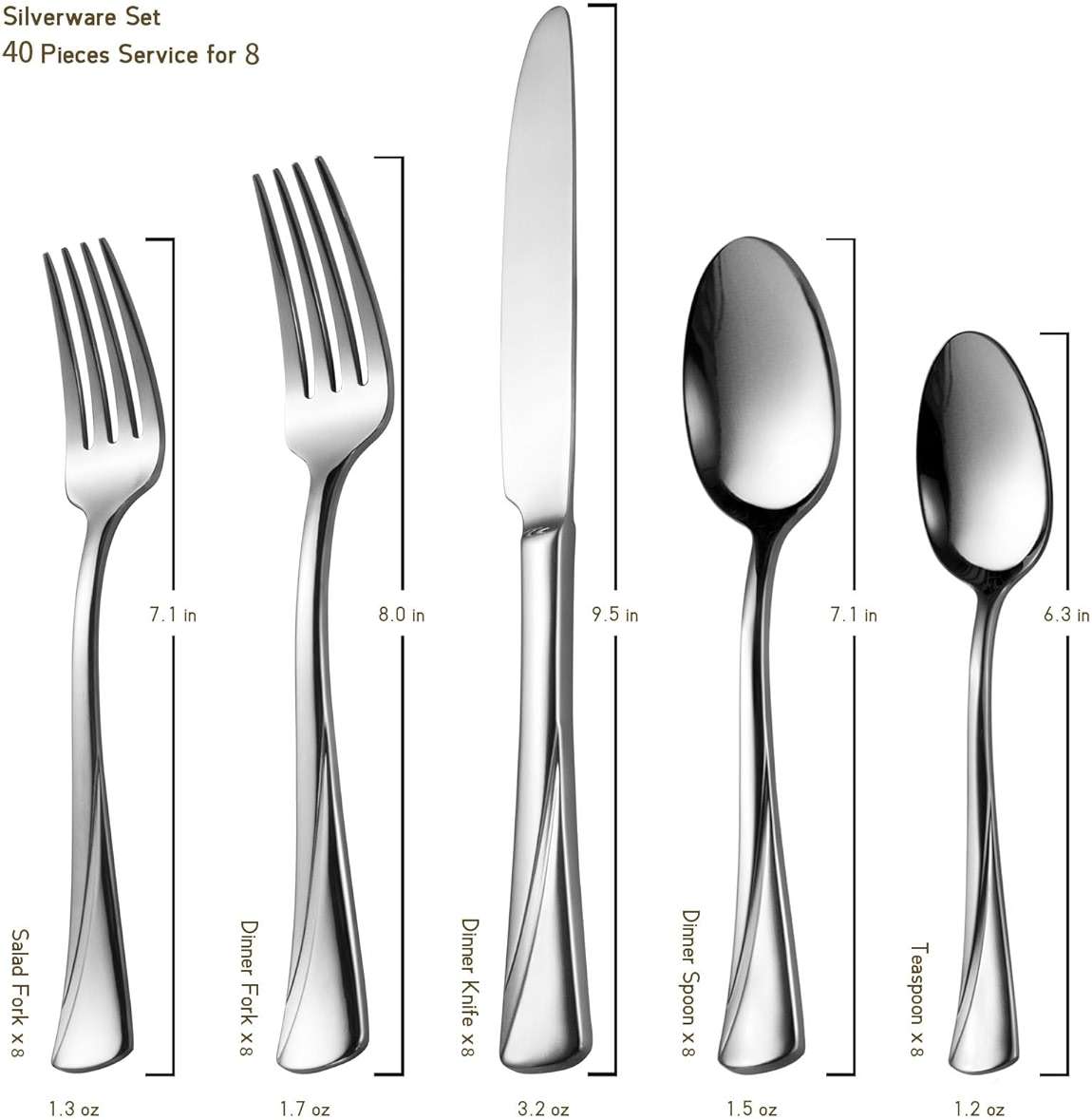 Alata Alice 40-Piece Silverware Set Stainless Steel Flatware Set,Service for 8,Mirror Polished Cutlery Set,Dishwasher Safe - Image 3