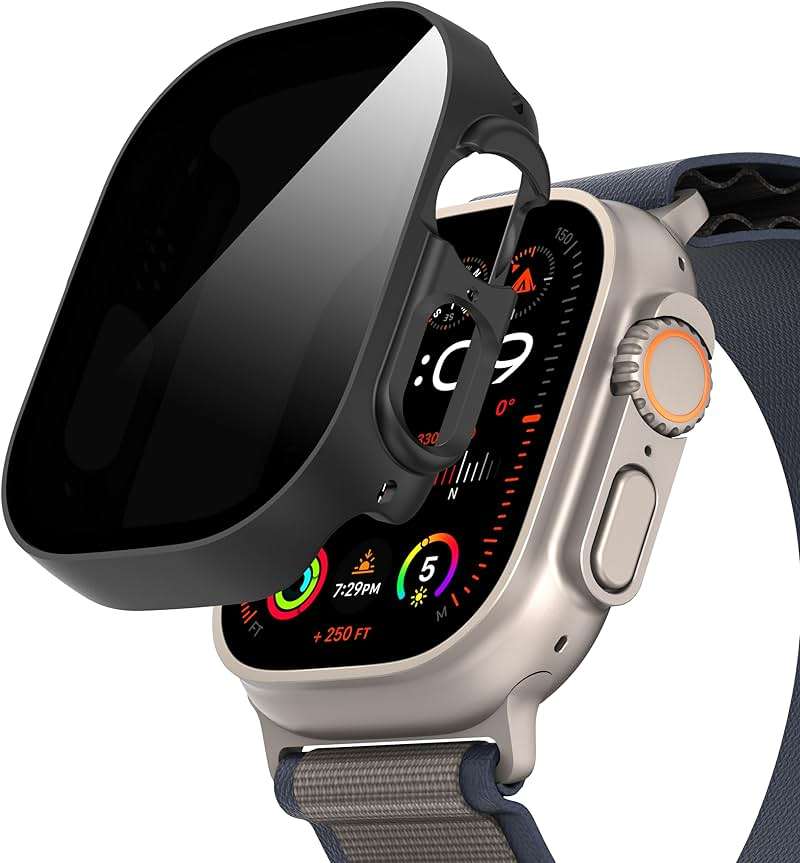 Suoman for Apple Watch Ultra 3/2/1 49mm Privacy Case, [Anti-peeping] Tempered Glass Screen Protector, Full Coverage Durable PC Hard Cover Bumper -Black - Image 1