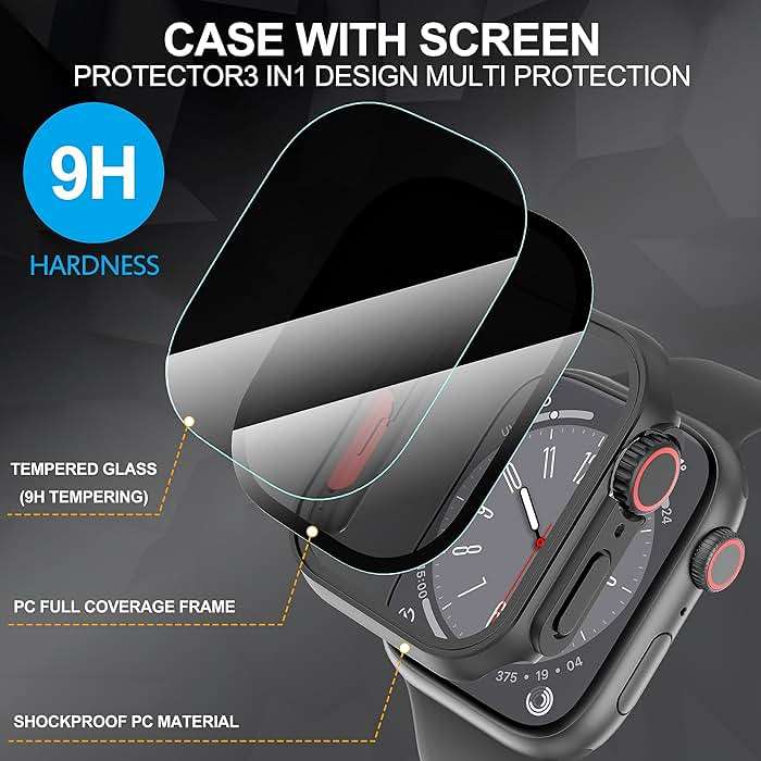Suoman for Apple Watch Ultra 3/2/1 49mm Privacy Case, [Anti-peeping] Tempered Glass Screen Protector, Full Coverage Durable PC Hard Cover Bumper -Black - Image 6