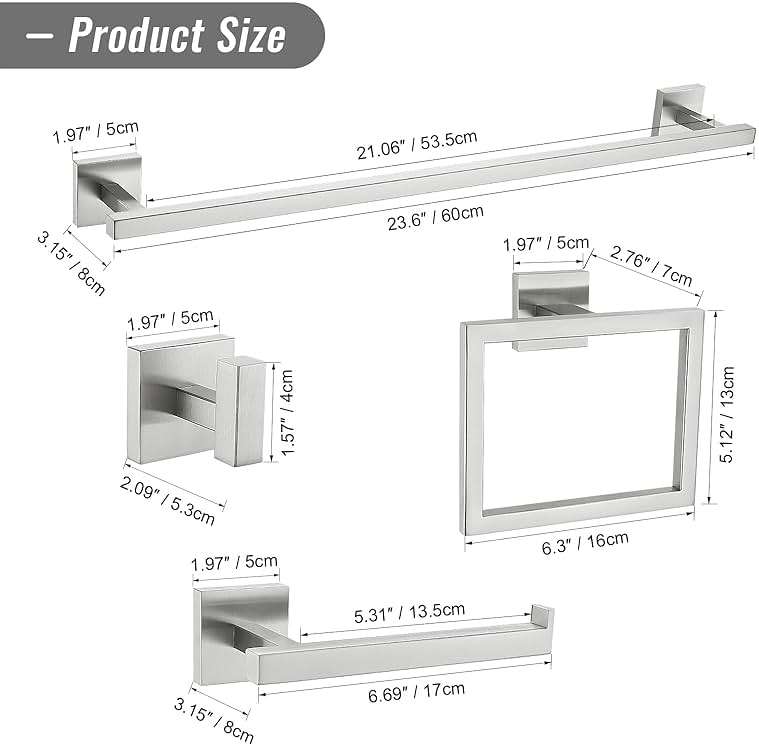 YACVCL Towel Bar Set, 5 Pieces Bathroom Hardware Set Brushed Nickel Bathroom Accessories, SUS304 Stainless Steel Towel Racks Holder Set Wall Mounted 23.6 Inch - Image 6