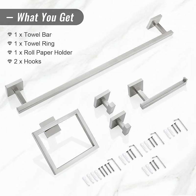 YACVCL Towel Bar Set, 5 Pieces Bathroom Hardware Set Brushed Nickel Bathroom Accessories, SUS304 Stainless Steel Towel Racks Holder Set Wall Mounted 23.6 Inch - Image 8