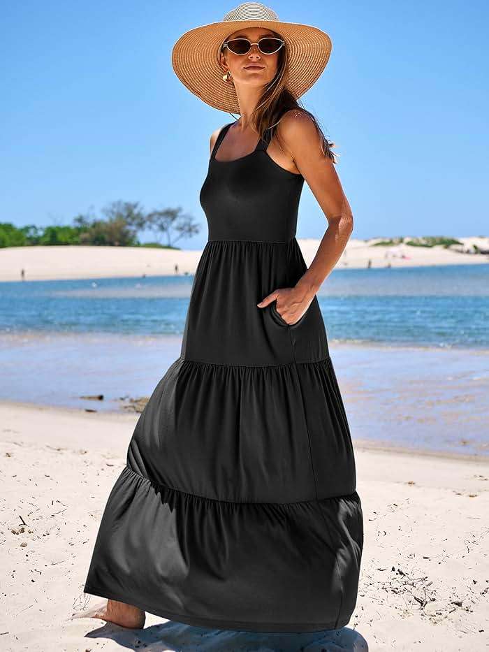 ANRABESS Women's Summer Casual Long Maxi Beach Vacation Dresses Sleeveless Square Neck Flowy Tiered Sun Dress with Pockets - Image 3