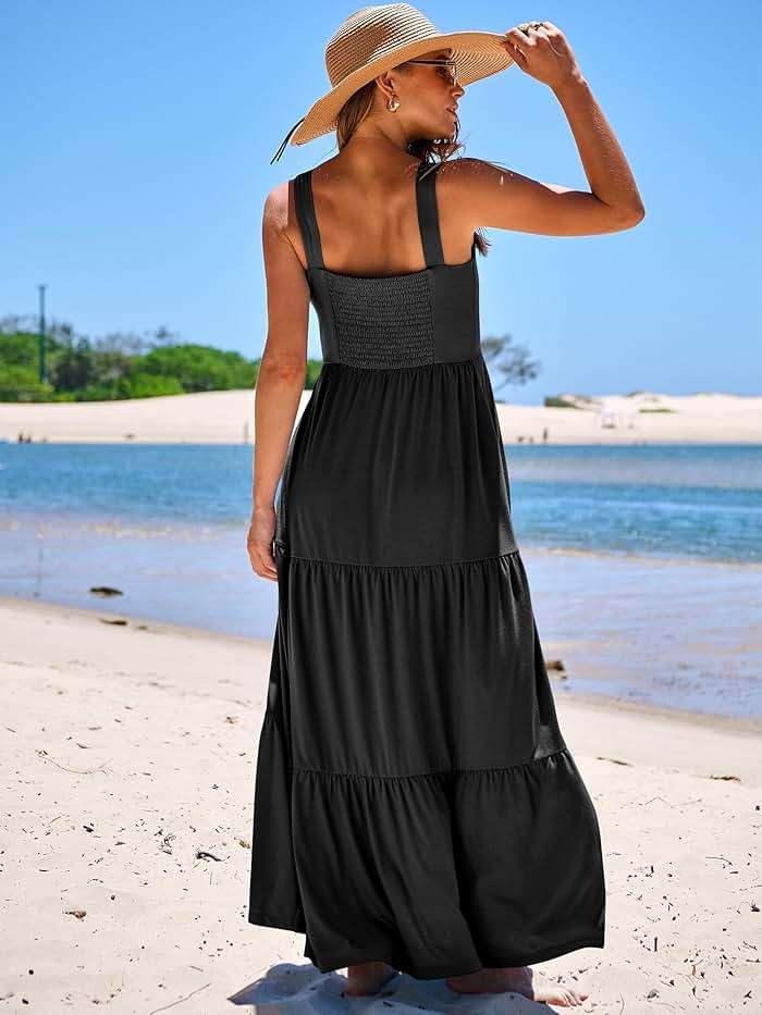 ANRABESS Women's Summer Casual Long Maxi Beach Vacation Dresses Sleeveless Square Neck Flowy Tiered Sun Dress with Pockets - Image 4