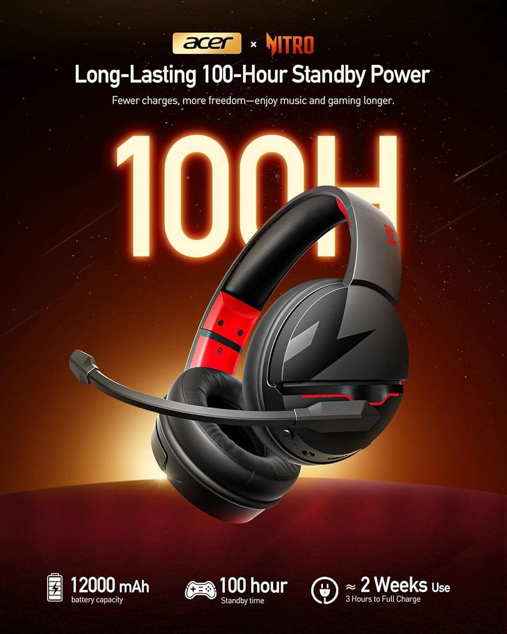 acer Wireless Gaming Headset, PS5 Headset with 2.4GHz for Ps5, Ps4, PC, Switch, Bluetooth 5.3 + 100Hrs Gaming Headphones with Noise Canceling Mic for Laptop, Mobile, Mac, 50mm Drivers (Red) - Image 2